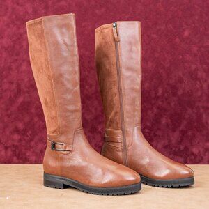 Sudini Women Frida Cognac Leather Waterproof Riding Stretch Knee Boots sz 8.5